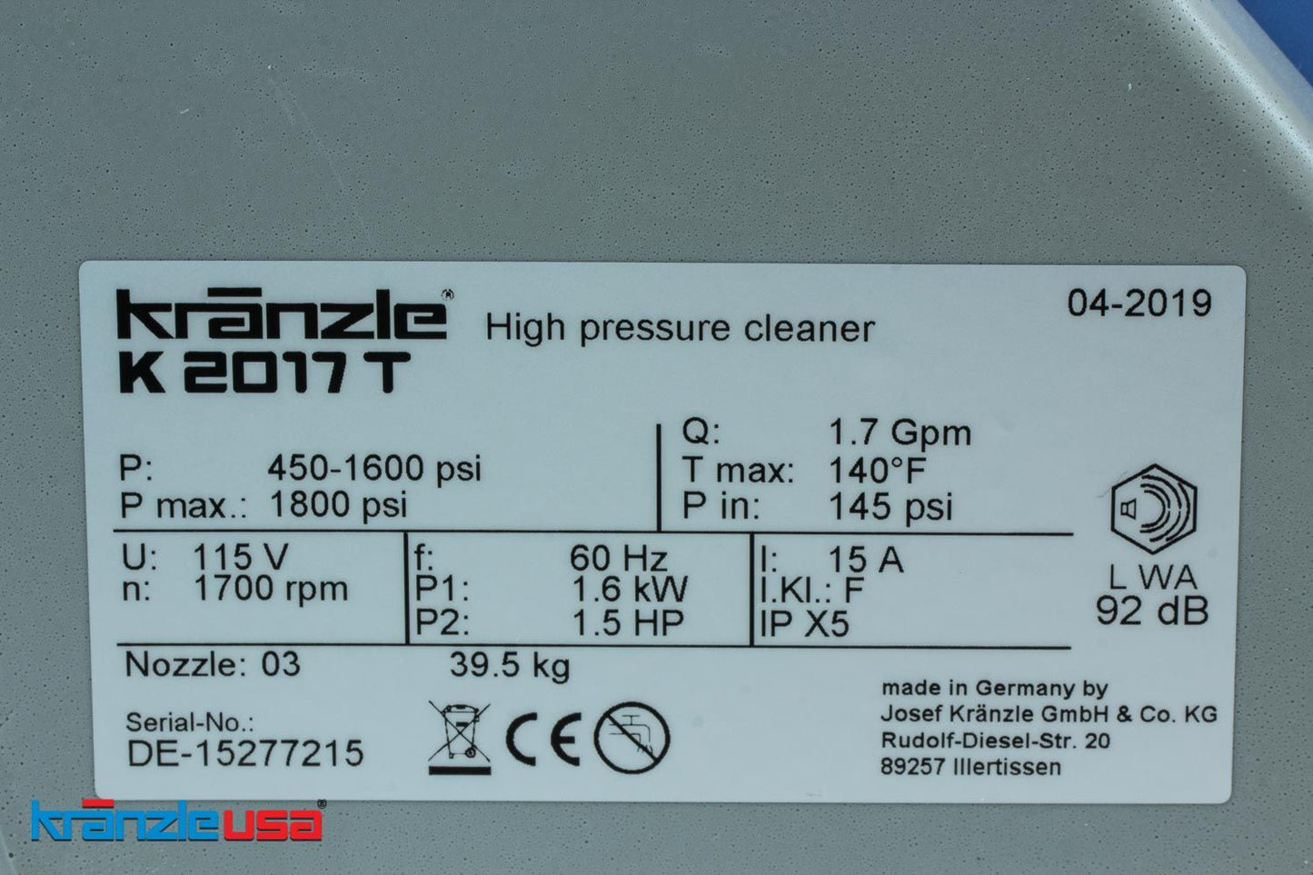 Kranzle K2017T Cold Water Electric Pressure Washer